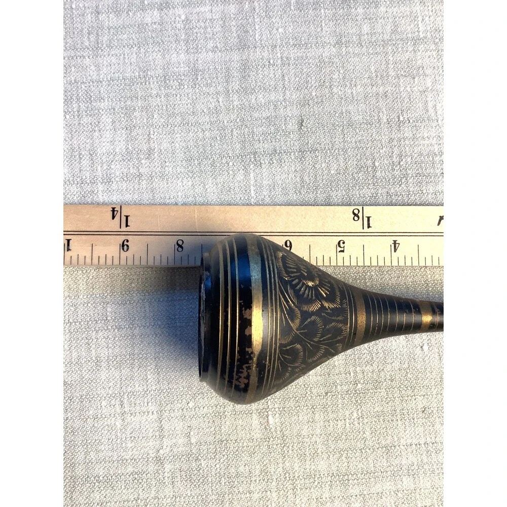 Vintage India Vase Floral Black Metal Gold Tone MCM 7.5 ” Engraved Boho Decor